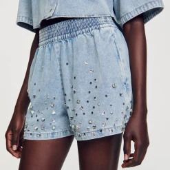 Sandro Paris Faldas & Shorts<Pantalon Vaquero Corto Y Ancho De Strass