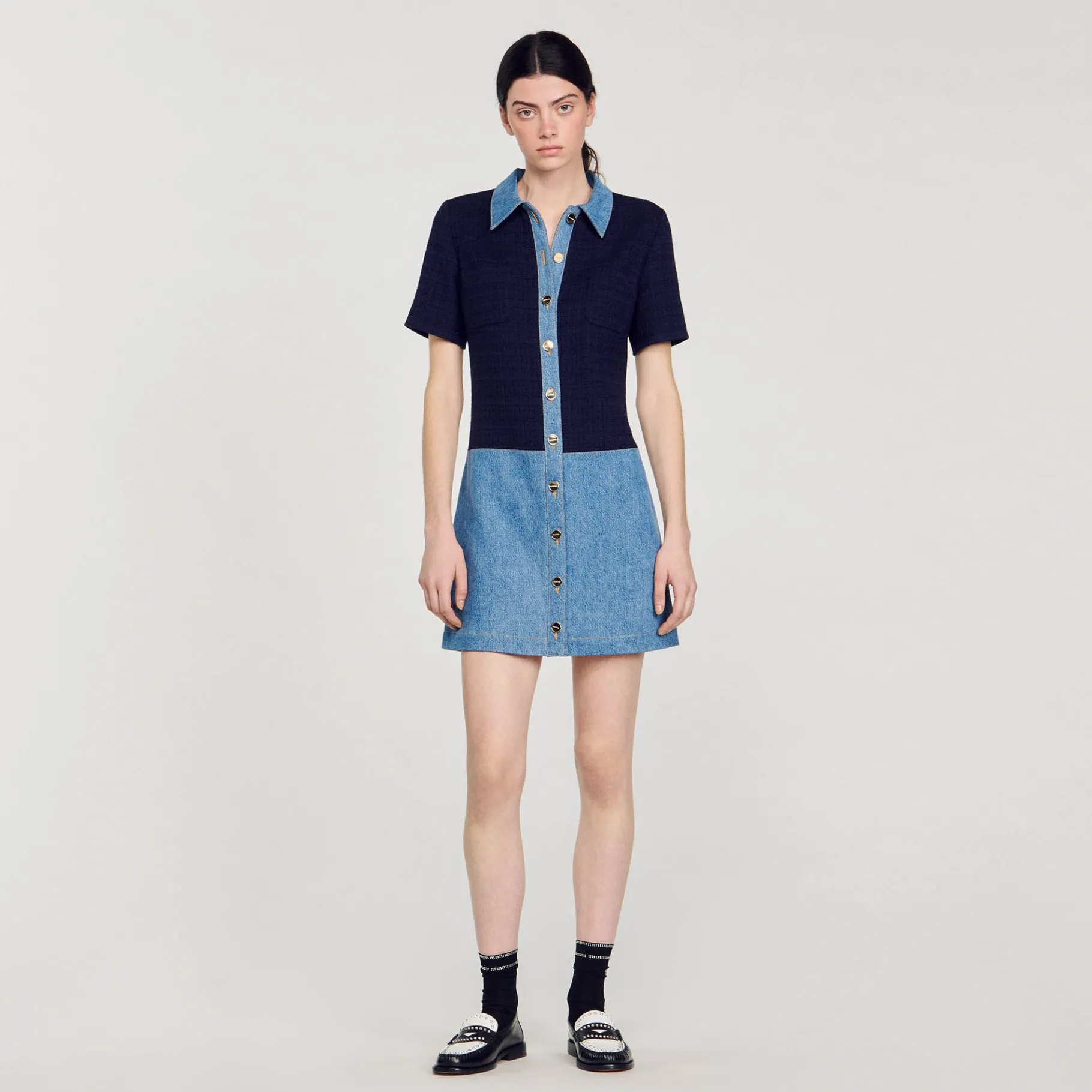 Sandro Paris Vestidos<Vestido Corto De Tejido Vaquero Y Tweed