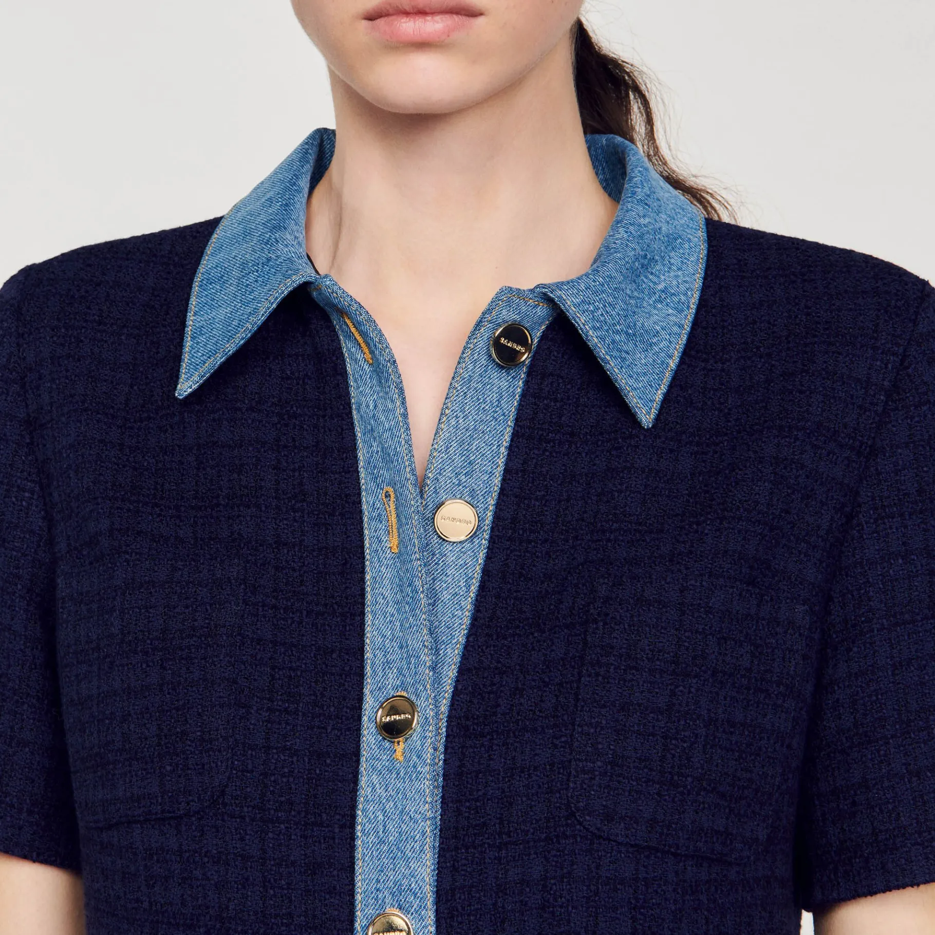 Sandro Paris Vestidos<Vestido Corto De Tejido Vaquero Y Tweed