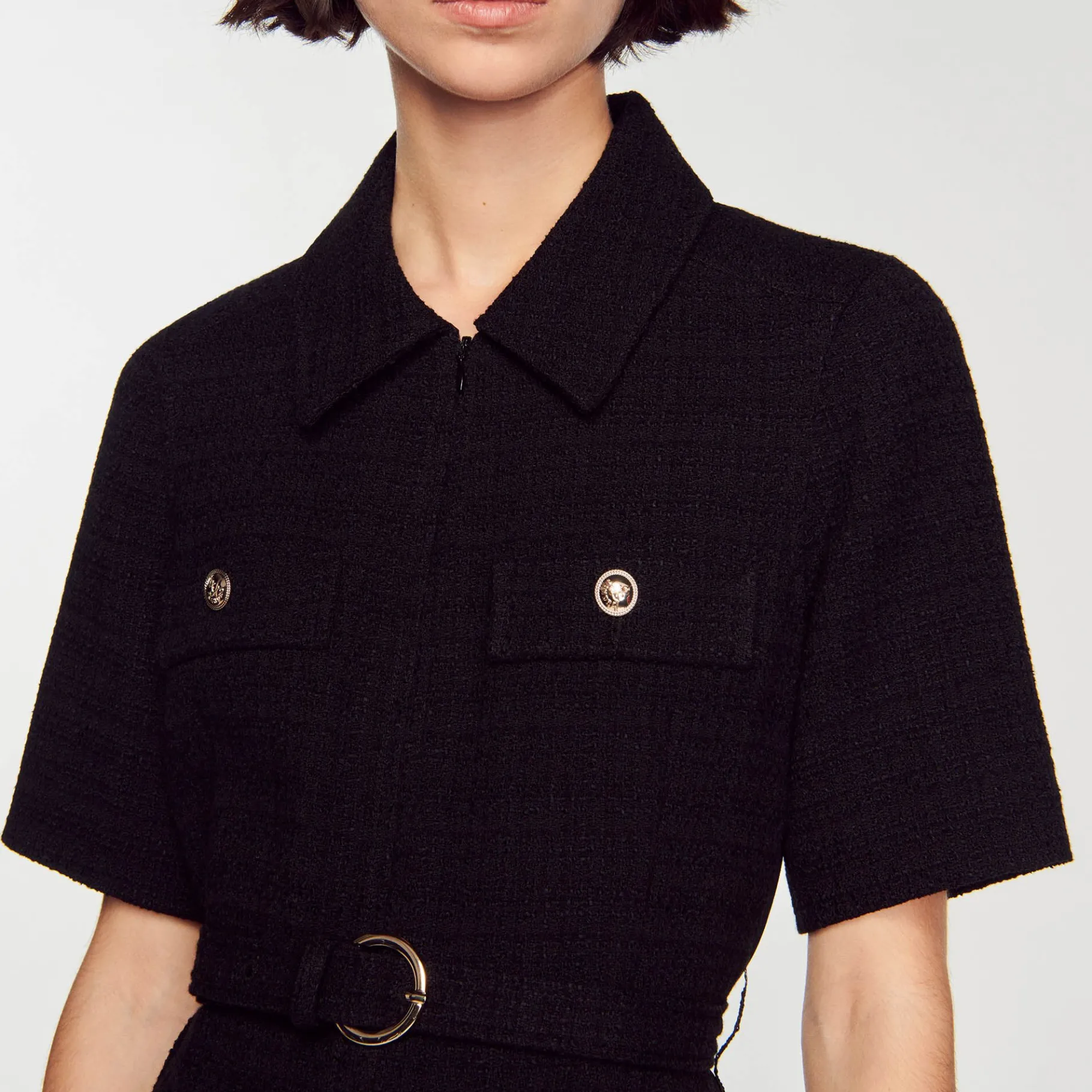 Sandro Paris Vestidos<Vestido De Manga Corta De Dos Materiales