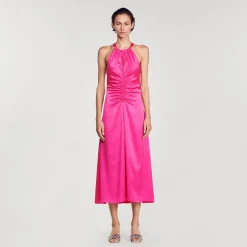 Sandro Paris Vestidos<Vestido Largo Satinado Y Fruncido