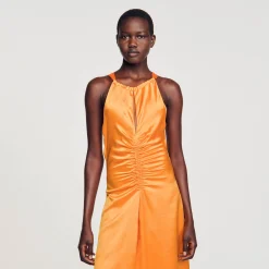 Sandro Paris Vestidos<Vestido Largo Satinado Y Fruncido