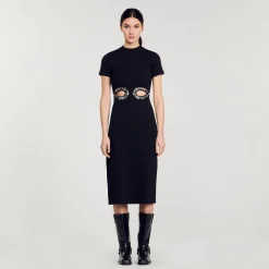 Sandro Paris Vestidos<Vestido Midi Con Recortes Con Brillantes