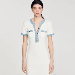 Sandro Paris Vestidos<Vestido Midi De Punto Y Denim